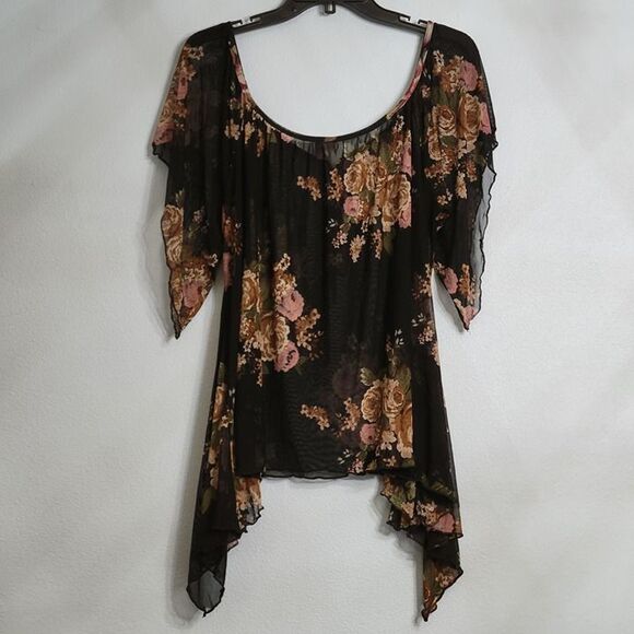 Black Sheer Floral Chiffon Blouse Tunic Handkerchief Hem Fairycore Whimsygoth L - Picture 2 of 9